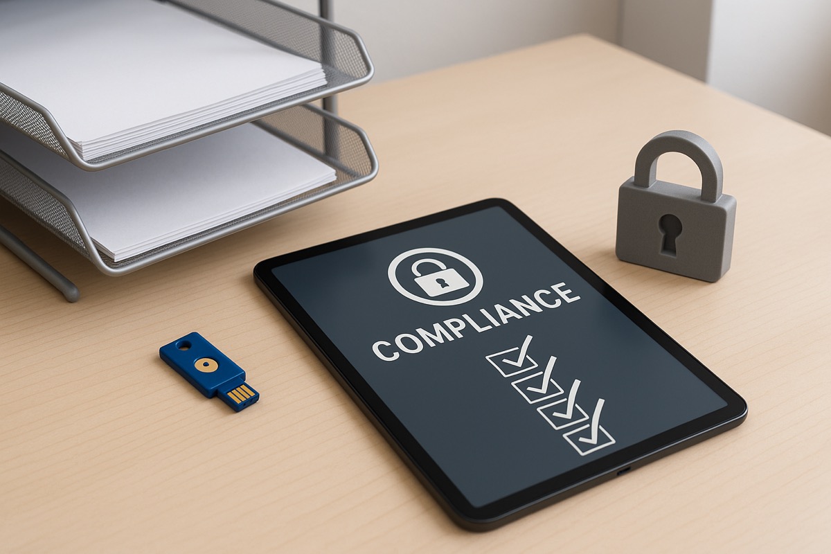 Secure school administration workspace with tablet, security key, and document tools representing K-12 eForms data controls